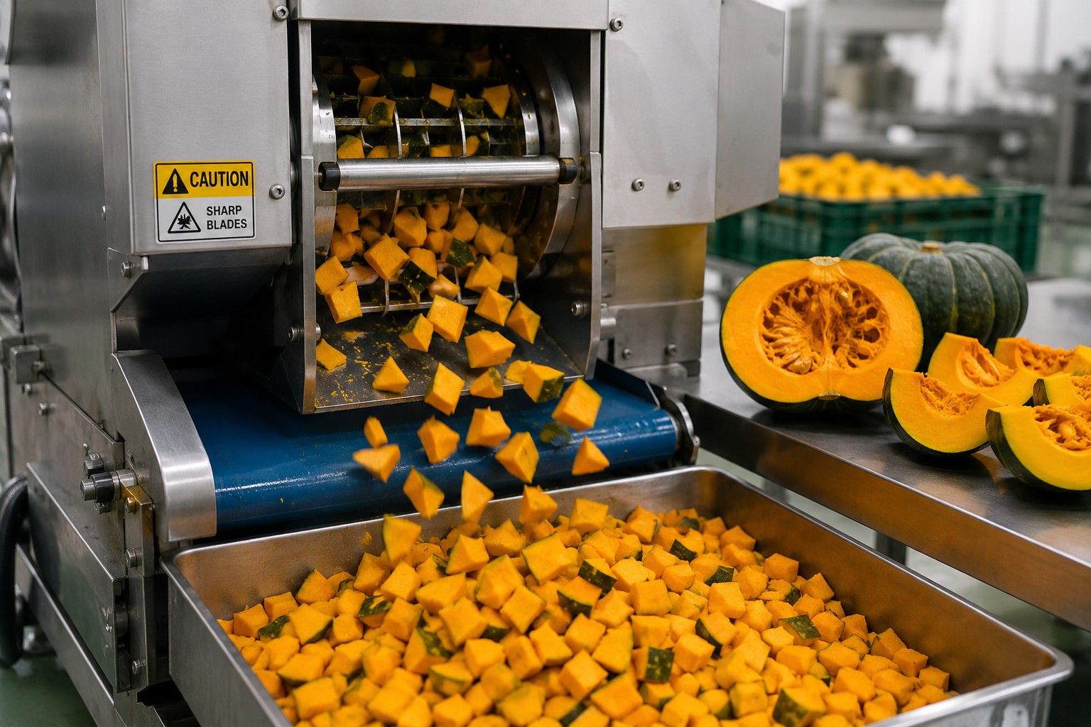 Pumpkin being diced in processing facility