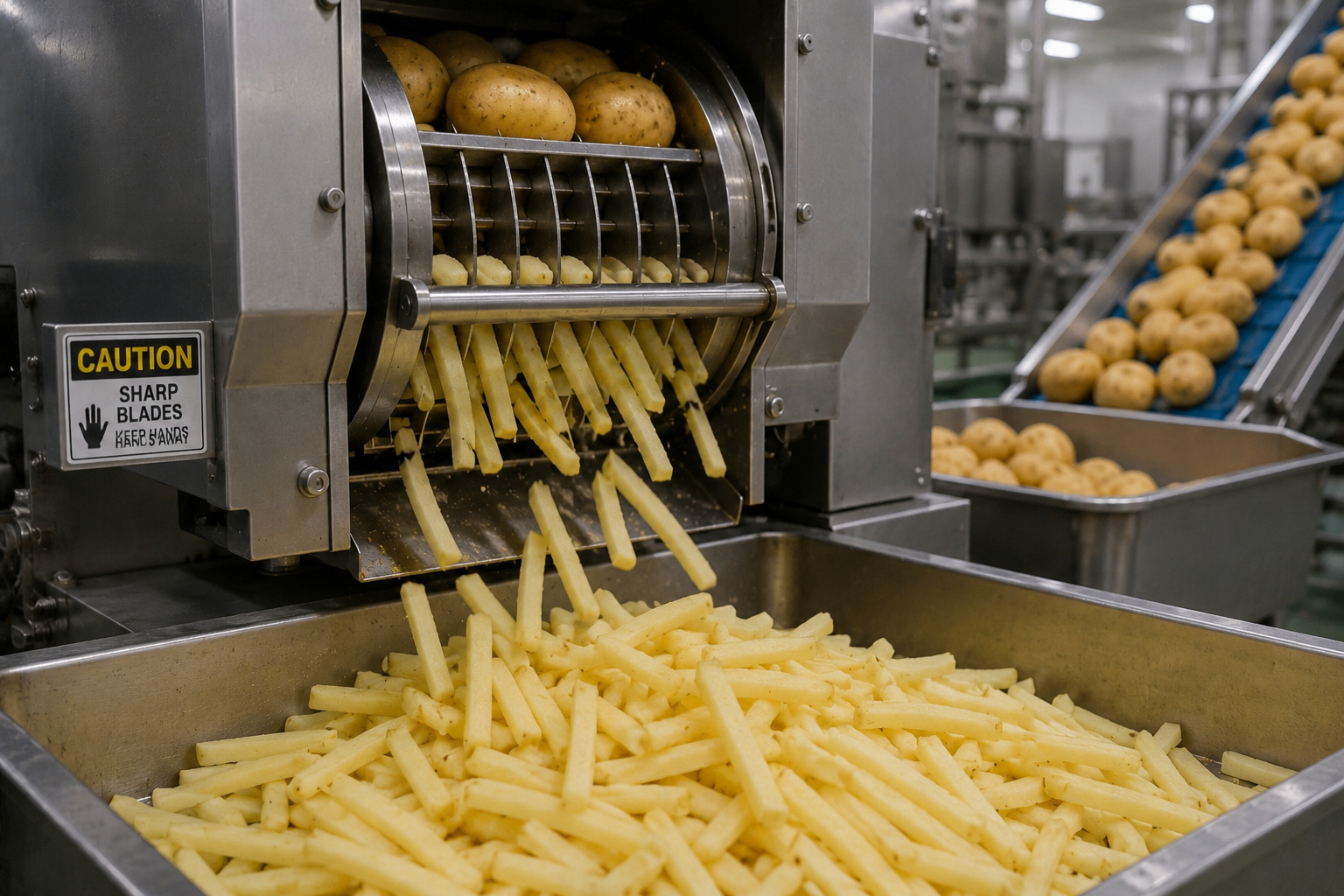Potatoes being cut into fries